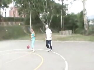 Breasty cute tiny teen Paris Milan plays on the court