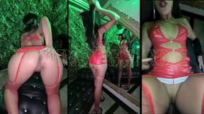 Dirty Spanish vixen in devil-red getup gets wild in a plush hotel suite