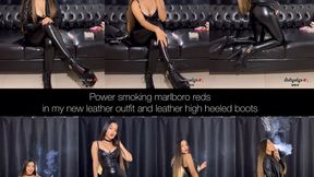 Power smoking marlboro reds in my new leather outfit and leather high heeled boots