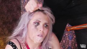 ”Bombshell blonde sub sucks on her lords shaft”