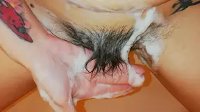 Petite and hairy GF showers and shows off her hairy cunt