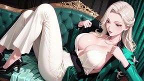 ai- green suit blonde goddess! lazy kneeling on deep blue silk sheets, pearls barely visible, fingertips touching lips... who can resist this contrast?
