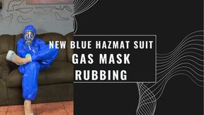 new blue hazmat suit and gas mask rubbing