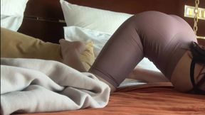 stretching in bad - tight leggings - cameltoe
