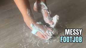 Messy footjob with foam