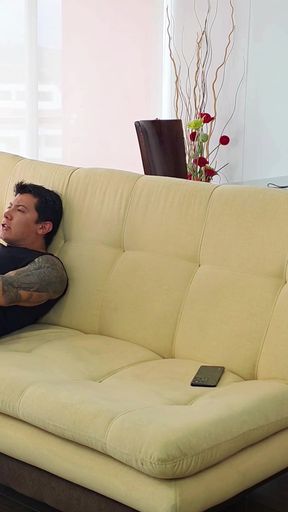 Busty MILF masturbates while watching her son-in-law and stepdaughter having sex. She ends up fucking him too!   Clip 1