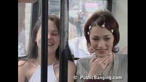 Amateur brunette gets a wet and wild blowjob on a public bus