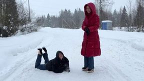 Slippery shoes on ice, girl trying to walk on slippery and icy road, sliding girls