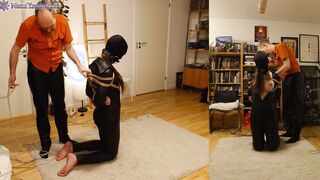 chick into leather catsuit gets Shibari energy bound, suspended, nipple clamps. Real uncut play!