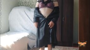 Crossdresser Kitty Leather Coat Sunglasses and Sexy Bra Natural Boobs Hot