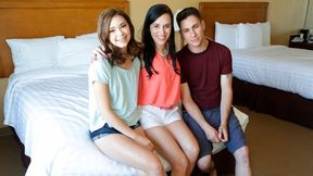 Stunning miniature brunette rides on a long dick