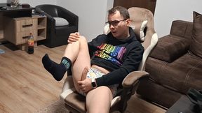 Horny nerd gets home from college and jerks off while playing the Playstation