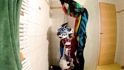 Boyfriend fucks me hard at the shower in mx gear