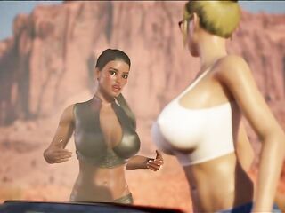 Futa3dX - Futanari Brunette hair And Golden-haired Women Stranded In The Desert Screwing Hard