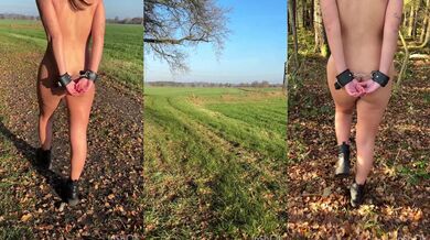 Girl, tied up, walks naked through the forest