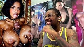 big breast slut with dsl lips gets blasted in the face with cum by a thicc hard bbc between her fat tits, ai generated
