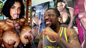 big breast slut with dsl lips gets blasted in the face with cum by a thicc hard bbc between her fat tits, ai generated