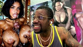 big breast slut with dsl lips gets blasted in the face with cum by a thicc hard bbc between her fat tits, ai generated