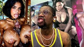 big breast slut with dsl lips gets blasted in the face with cum by a thicc hard bbc between her fat tits, ai generated