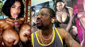 big breast slut with dsl lips gets blasted in the face with cum by a thicc hard bbc between her fat tits, ai generated