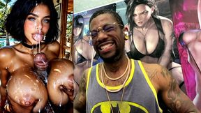 big breast slut with dsl lips gets blasted in the face with cum by a thicc hard bbc between her fat tits, ai generated
