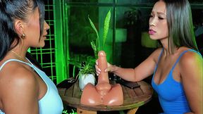 Hot Latina MILF teaches brunette big booty how to use a sex toy
