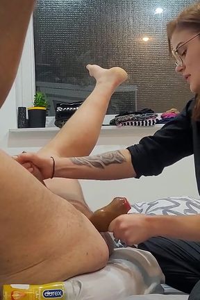 Femdom Stepsister Wanted to Help Her Stepbrother with Jerking by Pegging, She Penetreate His as by Dildo