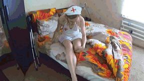 Amputated nurse in pantyhose walks on crutches 3