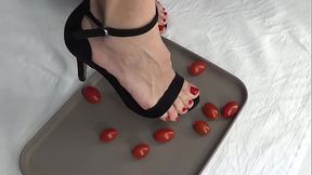 I play with tomatoes in my pussy and trample them with my feet
