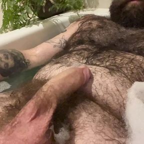 Gay Hairy Bear Teddy Wilder Jerks Off in Bathtub and Shows Off His Big Balls