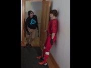 siliconed masked and legs guy has fun with sex doll athlete