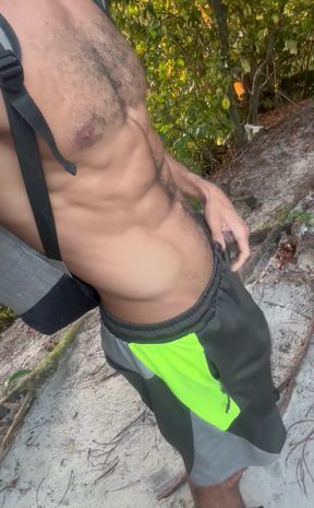 Hairy dad with a huge dick showing off on the trail