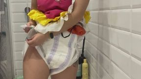 Big Adult diaper teasing 4 K, wearing it in the bathroom on cam