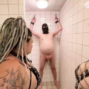 Bathroom humiliation where slave is getting caned