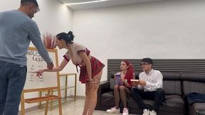 the principal punishes two female students and a male student for failing the english exam. the situation ends up getting heated and the principal and the male student end up fucking the female studen