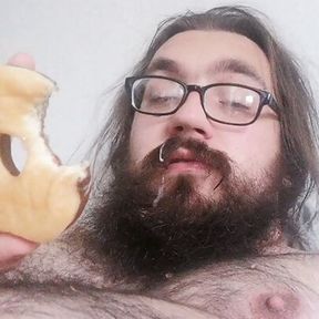 Fat gainer talks about getting fatter, eats donuts and cums on his final donut and eats it