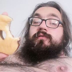 Fat gainer talks about getting fatter, eats donuts and cums on his final donut and eats it