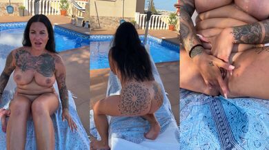 Milf fingering herself with big dildo until squirting by the pool neighbors peeking