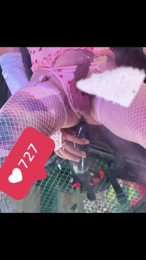 Pink Stocking Lingerie Shemale Riding Black Dildo on the Wall