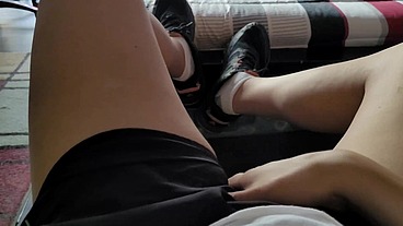Smooth Thighs Black Shorts and Cum _20240811