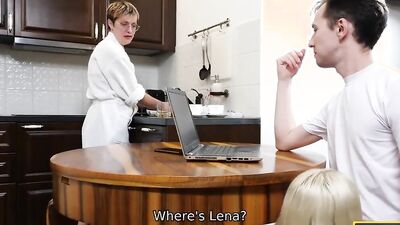 SIS. PORN. Girl with playful eye hides from stepmom for quick sex with step