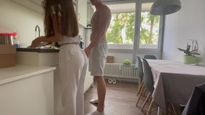 Amateur teen with perfect body bounces on rough pounding in the kitchen