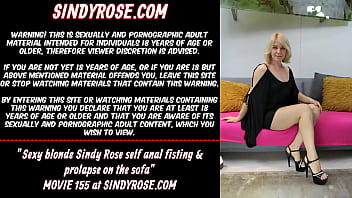 Sexy blonde Sindy Rose self anal fisting &amp_ prolapse on the sofa