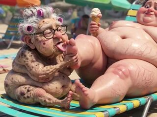 Elderly Granny Passionately Sucking big beautiful woman Feet on the Beach