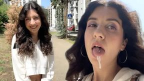 Sexy Brunette Public Cumwalk - Random Guy Cums on Her Face