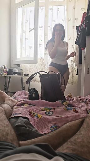 The bitch is at work again, her friend at home has videotaped her, she is oblivious to everything