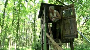 Old guy watches couple while having sex fun in the forest