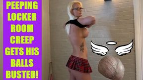 Locker room creep gets his balls busted for peeping!