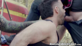 bushy hunk Teddy Torres takes cum from step daddy & friend