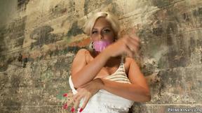 ”Large tits blonde fucks machine & toy”